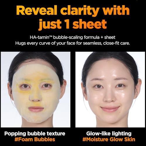 WELLAGE Hyper Toning Vita C Bubble Mask, Korean Skincare, Wash Off Facial Pack for Dull Tired Skin, Brightening and Hydrating, Hyaluronic Acid, Glutathione, Panthenol, 5 Sheets