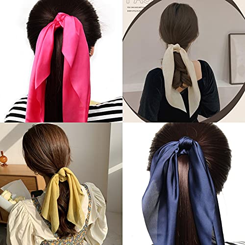 Pack of 2 Knotted Bow Hair Scrunchies Elastic Hair Scarf Hair Ties Bands Satin Hair Ribbon Scrunchy Ponytail Holder for Women and Girls,Hair Scarf Scrunchies with Tail, Hair Accessories (Light Blue)
