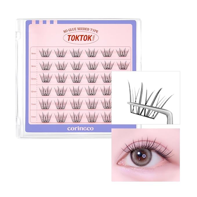 CORINGCO Toktok Hara Light Self Adhesive False Eyelashes, Natural Look, No Glue Needed, Assorted Set of 9/10/11mm, Reusable Lash Clusters Kbeauty - Blossom