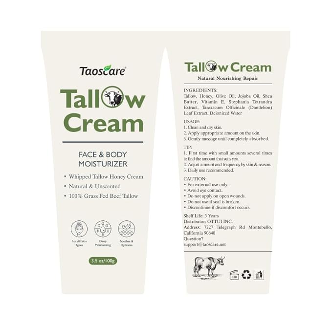 Beef Tallow for Skin, 100% Grass-Fed Whipped Tallow Balm Tube Organic Moisturizer for Face & Body Deep Hydration for Dry & Sensitive Skin Natural Tallow Cream