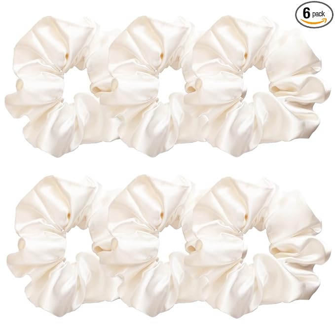 Sufermoe 6 Pcs Satin Silk Hair Scrunchies, Pearl White (Pearl white with a little peach pink, not pure white), 4.5 Inch, Hair Ties for Women and Girls, Hair Accessories