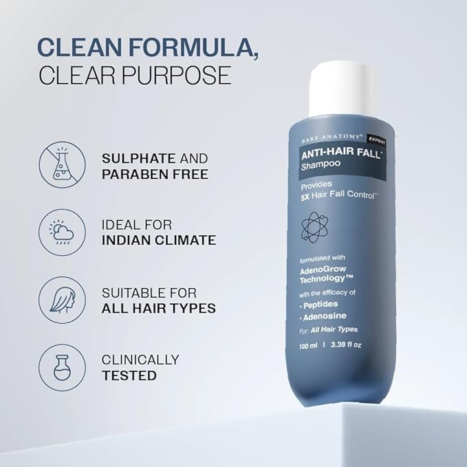 Bare Anatomy Anti-Hair Fall Shampoo | Provides 5x Hair Fall Control | pH 4.6 | Adenosine & Peptides | Strengthens Weak Roots & Reduces Breakage | Sulphate & Paraben Free | Unisex | 100ml