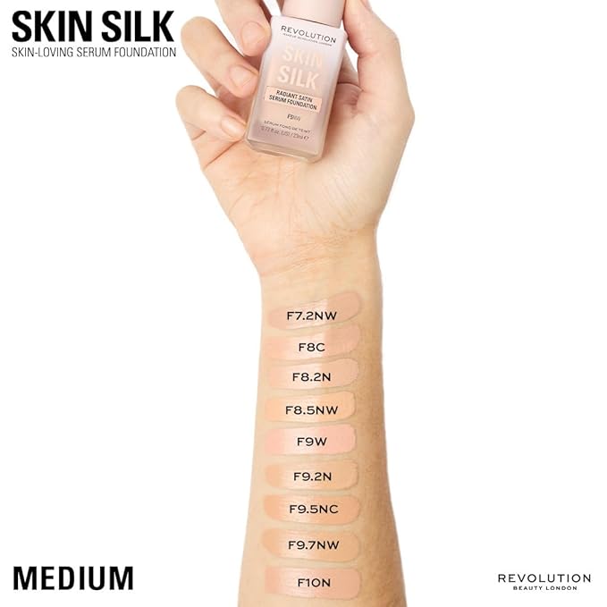 Revolution Skin Silk Radiant Satin Serum Foundation, Buildable Coverage with Hydrating Hyaluronic Acid for a Natural Finish, Vegan & Cruelty-Free, F8C Medium Skin Tones, 0.77 fl oz
