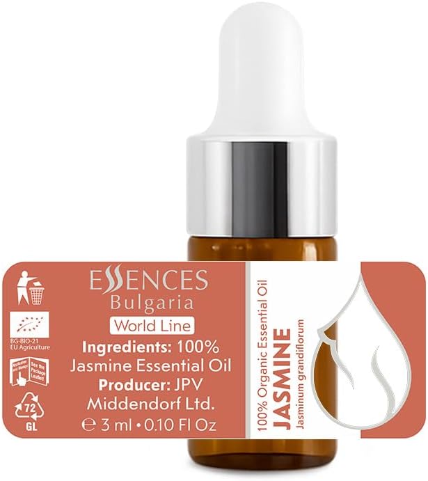 Essences Bulgaria Jasmine Essential Oil 3ml (0.1 Fl Oz) | Jasminum grandiflorum | 100% Pure, Natural, Undiluted | Aromatherapy, Cosmetics | Vegan, Non-GMO, Cruelty-Free