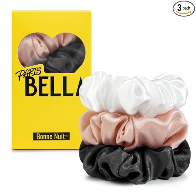 PARISBELLA Silky Satin Scrunchies For Women, Satin Hair Ties for Thick and Thin Hair, Black White and Pink, Pack of 3