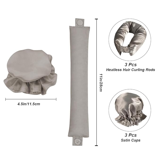 Hair Rollers Set - 6 Satin Curlers with Headband and Cap for Heatless, No-Heat Curls on All Hair Types (Khaki)