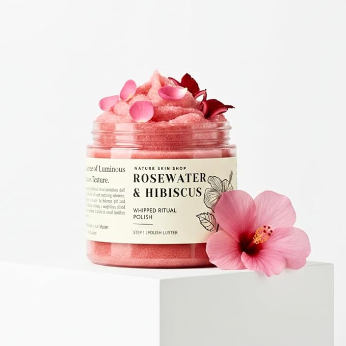 Nature Skin Shop Rosewater & Hibiscus Whipped Ritual Polish – Brightening & Hydrating Exfoliating Body Scrub, 8oz