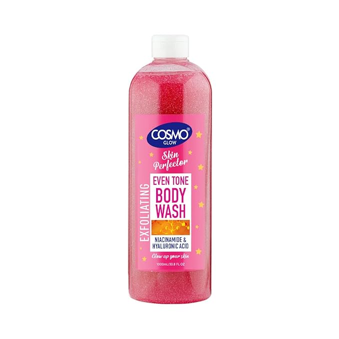 Cosmo Glow Skin Perfector Even Tone Exfoliating Body Wash 1000ml/33.8fl.oz, Made With Niacinamide & Hyaluronic Acid, Skin Care, Moisturizer, Brighten, Hydrate, Smooth, Shower Gel, Body Scrub