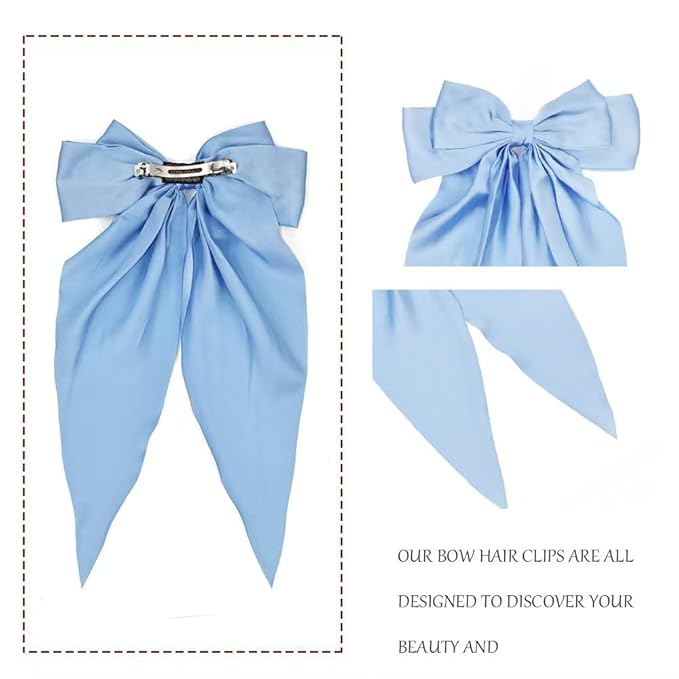 Silky Satin Oversized Long-tail Bow Clip, Large champagne color Hair Bow for Women Girl, Hair Accessories with Long Tail, 1Pcs(#Sky Blue)