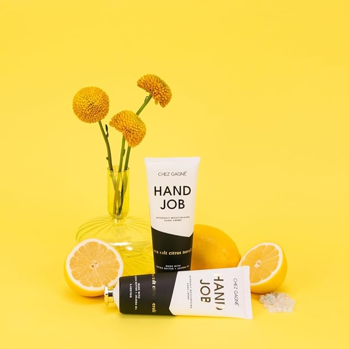 Chez Gagné Vegan Hand Cream for Dry Hands - Hand Job - Sea Salt Citrus and Neroli 3.4oz Non-Greasy Moisturizing Hand Lotion - Made in California - Paraben, Sulfate & Phthalate Free - Funny Gift