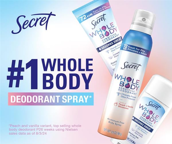 Secret Whole Body Deodorant Stick for Women, Travel Size, Peach & Vanilla Blossom Scent, Aluminum Free Deodorant, 72 HR Odor Protection, 0.5 oz
