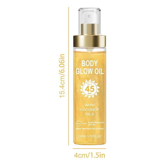 Body Glow Oil, Sunscreen Shimmer Oil, SPF 45 Broad Spectrum, Body Oil with with Coconut Oils, Moisturizing Glow for Face & Body, Liquid Illuminator Highlighter, Water Resistant, 3.72 fl oz (#1 GOLD)