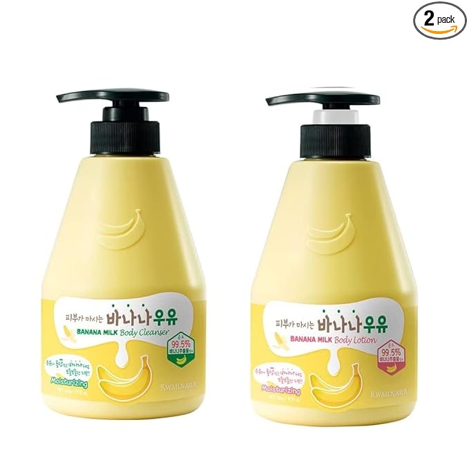 Kwailnara Banana Milk Body Wash & Lotion Set (19.75 Oz Each) – 2-Piece Korean Skincare Duo for Soft & Supple Skin | Milk Protein, Royal Jelly & Elasticity-Boosting Banana Extract | Paraben-Free