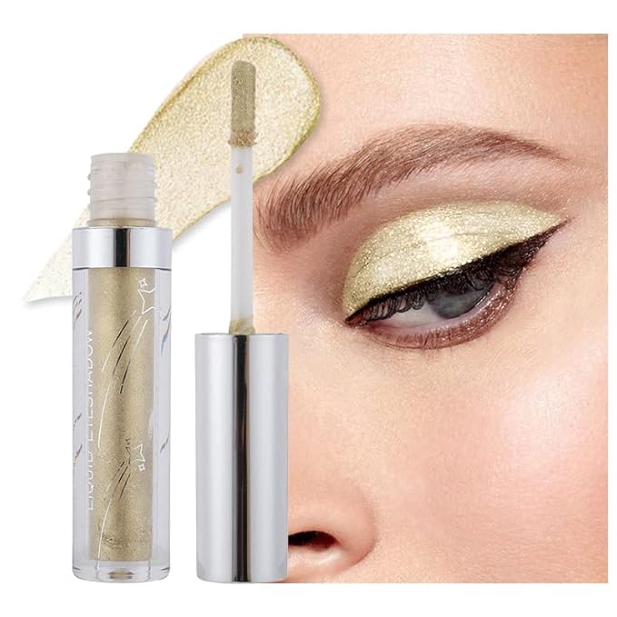 Glitter Liquid Eyeshadow, Metallic Glitter Shimmer Sparkling Eye Shadow, Long Lasting Waterproof High Pigments Sparkle Eye Makeup Kit, Metals Gloss Eyeliner Pen(Gold Cream)