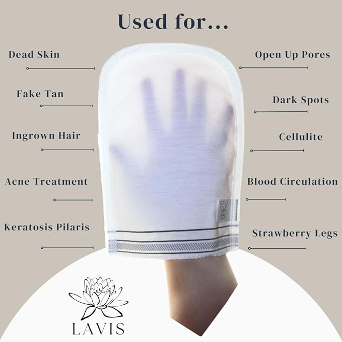 Lavis Exfoliating Glove Mitt for Body - Scrub Mitt- Dead & Dry Skin Cleaner -Turkish Bath Hammam Spa - Keratosis Pilaris Treatment - Kese- Fake Tan - Removes Dirt Grim Soft Skin -100% Natural 4Pcs Set