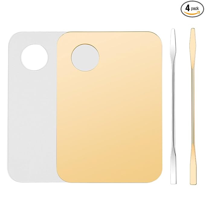 4 Pcs Makeup Mixing Tray Makeup Palette with Makeup Spatula Makeup Mixing Palette Foundation Palette for Eye Shadow Lipsticks Nail Art Beauty Salon (Gold and Transparent)
