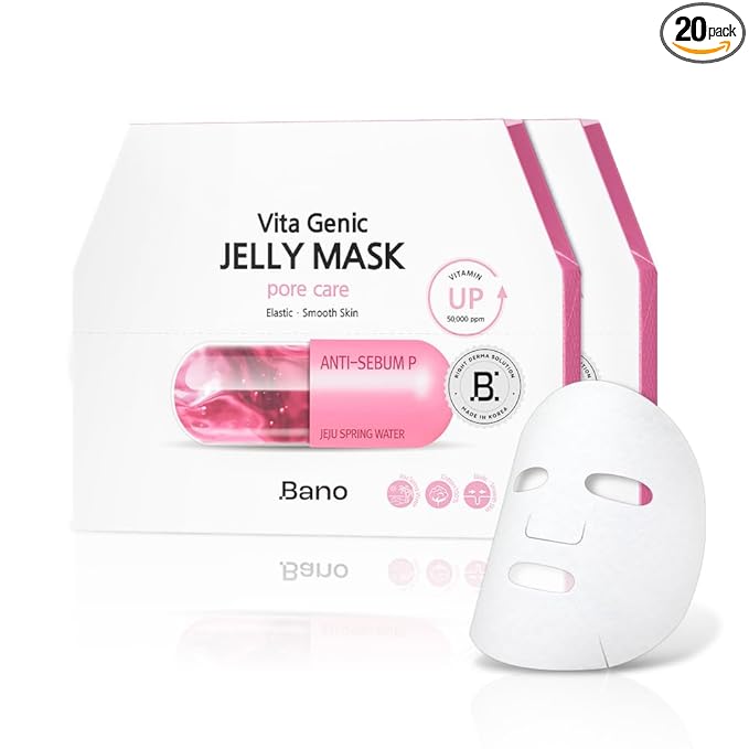 Bano Vita Genic Jelly Face Pore Care Mask 10EA – Hydrating Sheet Mask for Sensitive Skin, Korean Glass Skin Care with Spring Water, Vitamin C and Niacinamide, Sebum Control, Fragrance-Free, Pack of 2