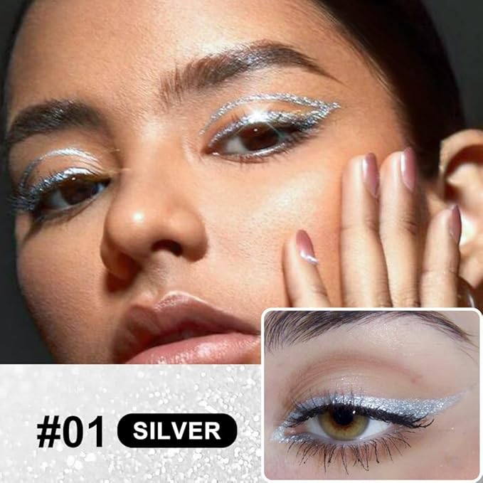 evpct 2Pcs Silver & Gold Glitter Sparkling Liquid Eyeliner, Metallic Shimmer Light Silver Eyeliner Liquid Eye Liner Eyeshadow Pencil Face Body Glitter Makeup, Longwear Waterproof, Eyelashes Mascara