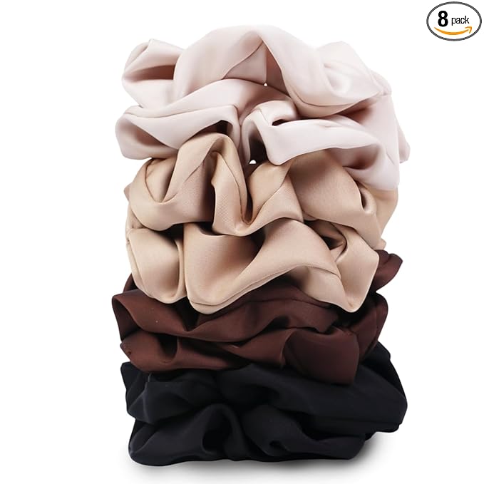 Satin Scrunchies for Women – 8PCS Neutral Silk Hair Ties Set (Black, Blonde, Dark Brown, Light Brown) – No Crease, Frizz-Free, Gentle Elastic Hair Bands, Soft & Stylish Everyday Hair Accessories Gifts