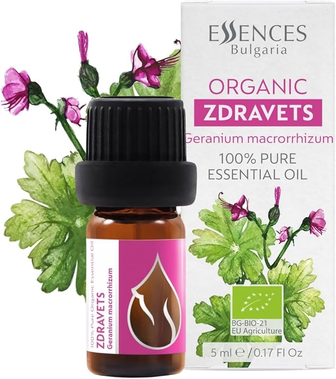 Essences Bulgaria Organic Zdravets Essential Oil 1/6 Fl Oz | 5ml | Geranium macrorrhizum | 100% Pure and Natural | Undiluted | Therapeutic Grade | Family Owned Farm | Steam-Distilled | Non-GMO | Vegan
