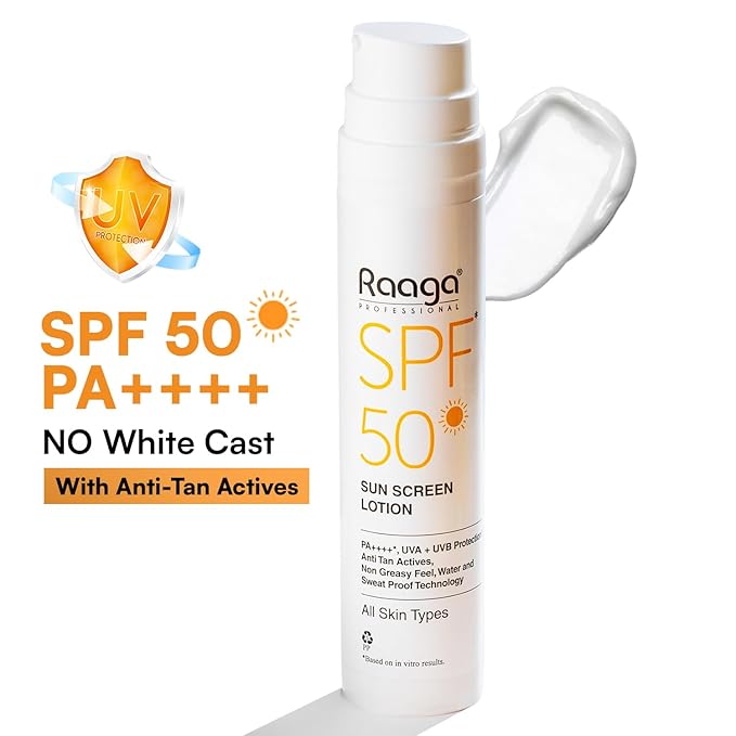 Raaga Sunscreen Lotion SPF 50 | Lightweight Non Greasy Water Resistant | 1.86 Fl Oz 55ml