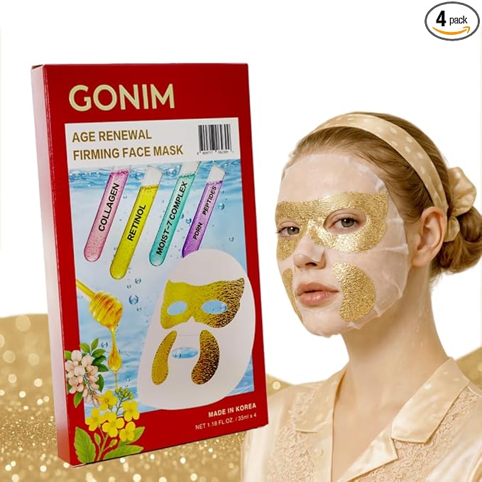 GONIM Korean Face Mask with Integrated Eye Patches with PDRN, Caffeine, Retinol, Collagen Face Mask, Hydrating Face Masks, Hyaluronic Acid Serum Sheet Mask Korean Skin Care Anti Aging 35ml/1.18ozx4