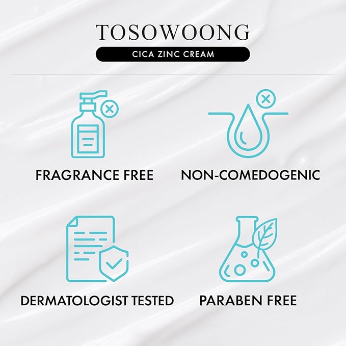 TOSOWOONG Zinc Oxide 10 Cream, 100,000ppm Zinc Oxide, Heal, Soothe Acne, Redness, Rosacea Treatment, Skin Barrier Repair, Moisture, Non-Comedogenic, Korean Skincare, 50g, 1.76 oz.