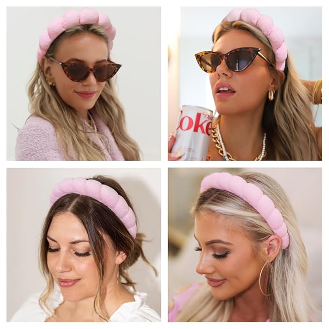 AOENJIE Spa Headbands for Washing Face or Makeup, Sponge Bubble Skincare Headbands, Puffy Terry Cloth Hairband for Women, Skin Care Makeup Headwear Hair Accessories for Girls(Pink)