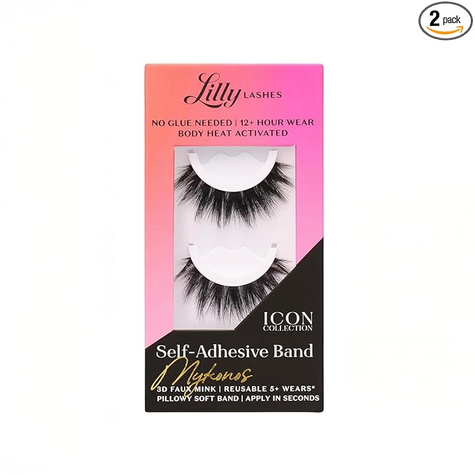 Lilly Lashes Self Adhesive Band 3D Faux Mink Eyelashes, No Lash Glue Needed, Body Heat Activated Press on Lashes, Reusable Self Adhesive Eyelashes Up to 5x, Easy to Apply & Remove (Mykonos)