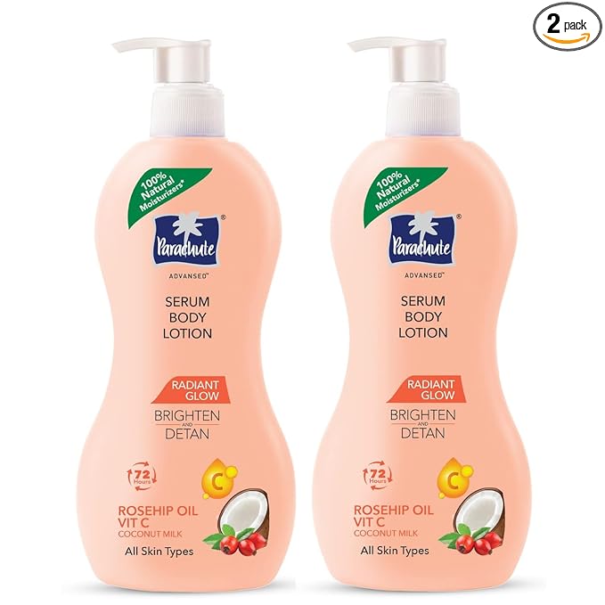 Parachute Advansed Radiant Glow Body Lotion with Coconut Milk, Vitamin-C, Rosehip Oil, Niacinamide, 100% Natural Moisturizers, for All Skin Types, 13.5 fl oz, Pack of 2