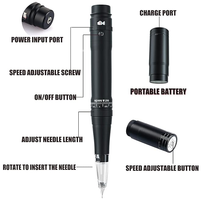 Permanent Eyebrow Makeup Tattoo Pen Kit for Eyebrow Lip Eyeliner Tattoo Machine with 700mAh Wireless Battery 15 pcs Cartridge Needles Microblading Supply(Black Tattoo Kit)