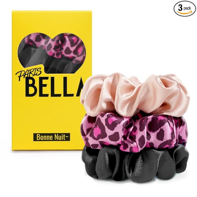 PARISBELLA Silky Satin Scrunchies For Women, Satin Hair Ties for Thick and Thin Hair, Black Pink and Leopard, Pack of 3