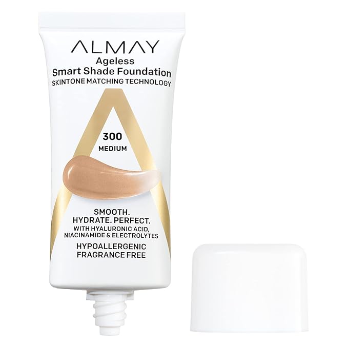 Almay Anti-Aging Foundation, Smart Shade Face Makeup with Hyaluronic Acid, Niacinamide, Vitamin C & E, Hypoallergenic-Fragrance Free, 300 Medium, 1 Fl Oz (Pack of 2)