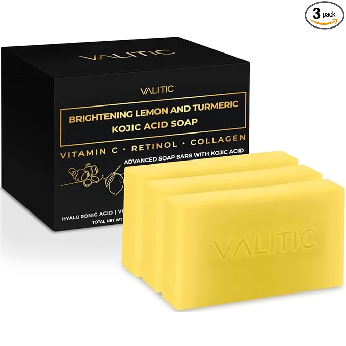 VALITIC Brightening Lemon & Turmeric Kojic Acid Soap with Vitamin C, Retinol, Collagen - Original Japanese Complex Infused with Hyaluronic Acid, Vitamin E, Shea Butter, Castile Olive Oil (3 Pack)