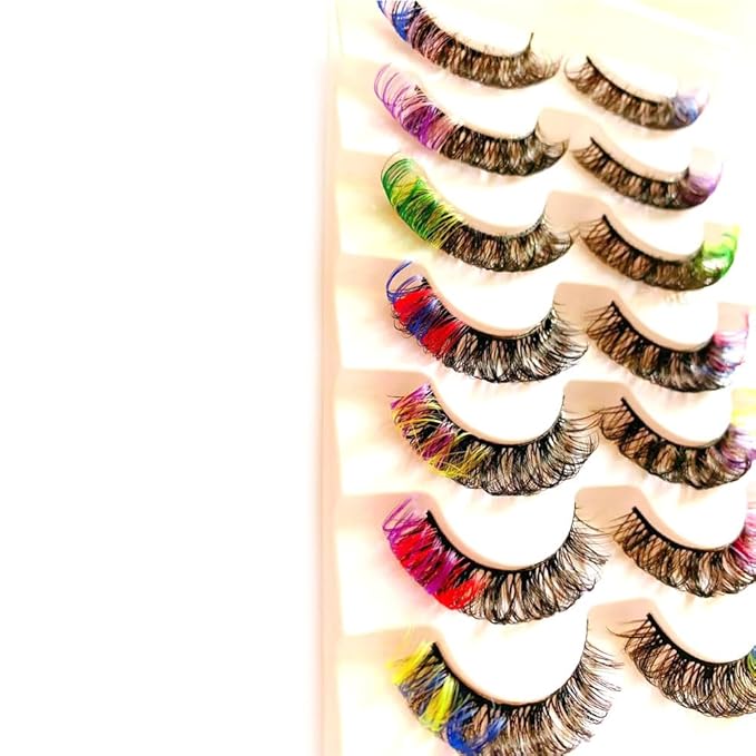 Sunniess Ombre Colored Lashes Silk Protein Fluffy Wispy Volume Fake Lashes for Halloweens Cosplay Party Stage Russian D Curl Lashes with Color Make up Faux Mink False Eyelashes