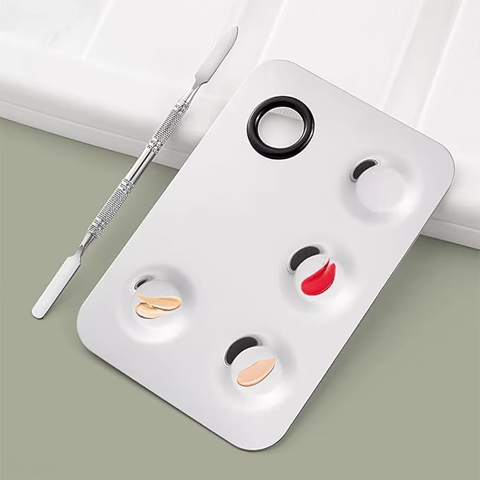 2 in 1 Set Stainless Steel Square Five Holes Mixing Color Palette Tray and Makeup Spatula Tools for Beauty Nail Art DIY (Square five hole color palette)