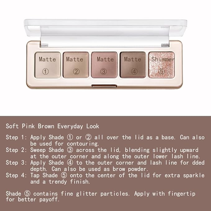 5-Color Neutral Nude Matte & Shimmer Eyeshadow Palette, Rose Cocoa Brown Pink Cool-Tone Mattes & Glitter Eye Shadow Contour Palette for Mature Women, Blue Green Eyes, Daily Natural Makeup