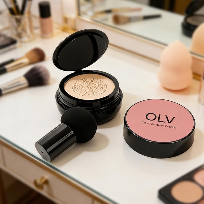 Glow Cushion Foundation, Mushroom Head Air Cushion CC Cream, Lightweight Face Makeup Foundation Moisturizing BB Cream Foundation Brighten Long-Lasting Full Coverage for All Skin Types (Warm)