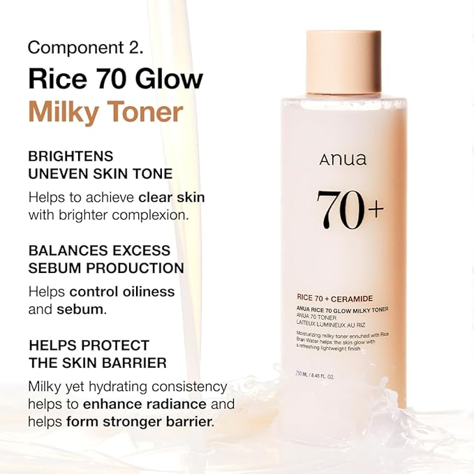 Anua Rice Skin Care Set – Rice Cleansing Powder Face Wash, Korean Milky Toner & Hydrating Serum with Ceramide, Hyaluronic Acid, Brightening for a Glass Skin Look, Non-Comedogenic, Korean Skincare