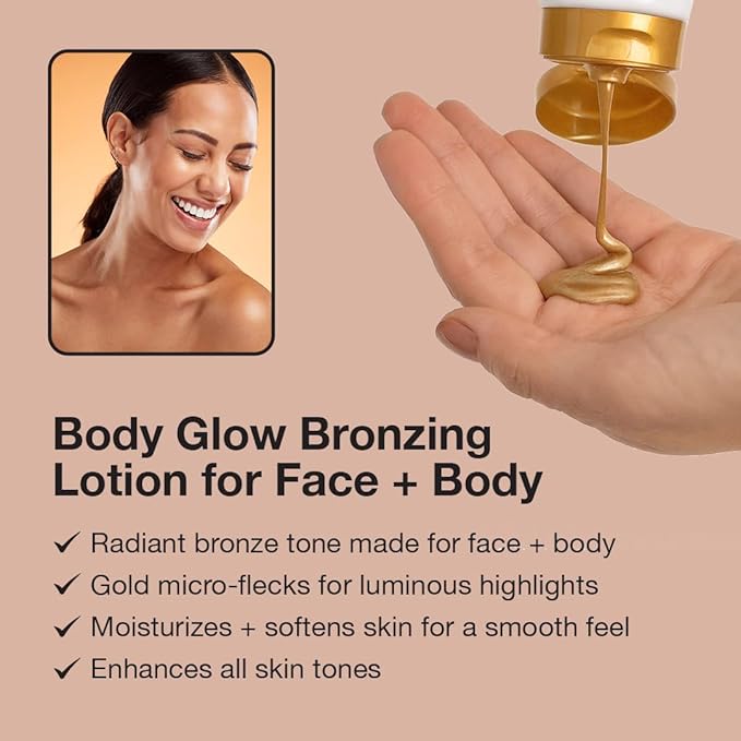 Fake Bake Bronzy Babe Body Glow Face & Body Tinted Moisturizer Lotion, Highlighter, Makeup & Moisturizing Skincare Healthy Color Boost from Plants & Vitamins - For All Skin Tones, Women & Men - 2oz