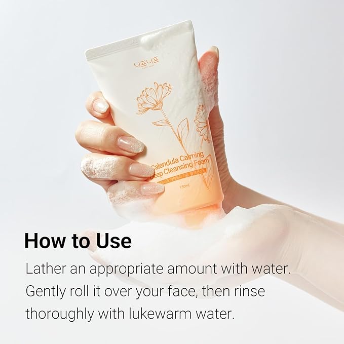 Calendula Calming Deep Cleansing Foam 150ml, A mild acne-clearing foam with calendula extract and BHA, gently removing impurities.