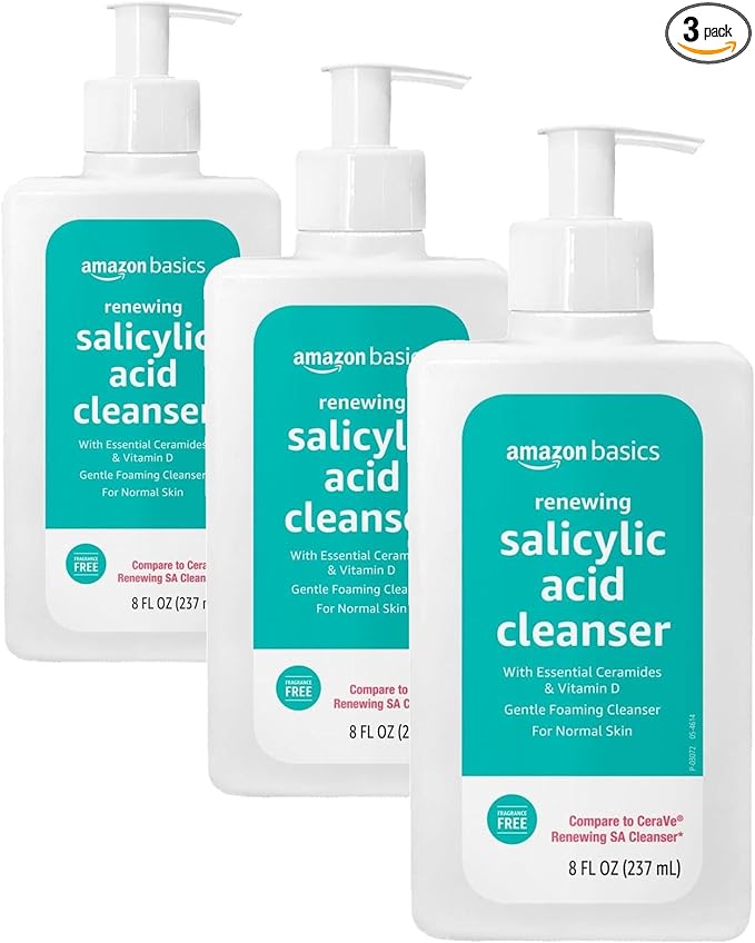 Amazon Basics Exfoliating Face Wash Cleanser, Renewing Salicylic Acid with Ceramides & Vitamin D, Foaming Formula, Smooths Skin, 8 fl oz (Pack of 3)