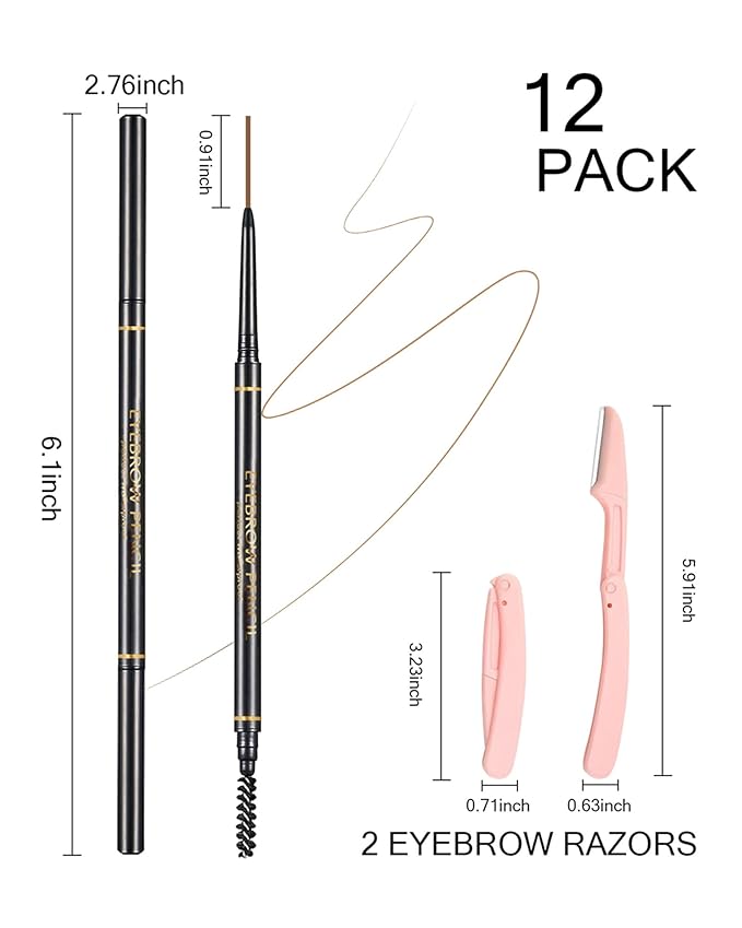 Light Brown Eyebrow Pencils for Women, 12Pcs Ultra Slim Eyebrow Pencil with 2 Brow Razors Kit, Double Head 1.5mm Micro-Fine Tip & Spiral Brush, Can Draw Fine and Long-Lasting Brows Makeup