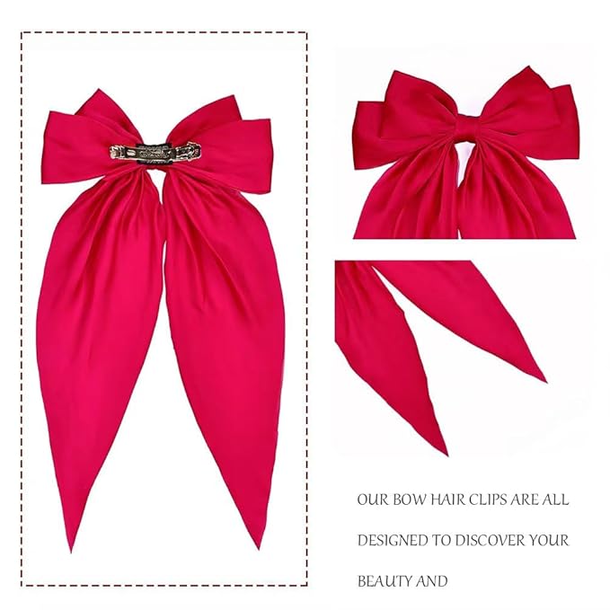 Silky Satin Oversized Long-tail Bow Clip, Large Red Hair Bow for Women Girl, Hair Accessories with Long Tail, 1Pcs