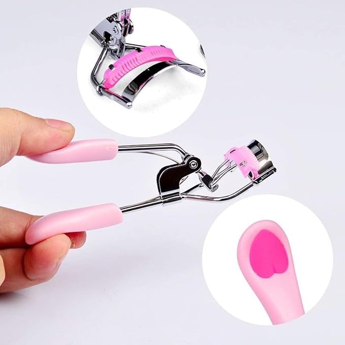 MERVK Stainless Steel Eyelash Curler with Built-in Comb Pinch Pain-Free Suitable for Any Eye Shapes and Sizes, with 5 Silicone Refill Pads (Peach Pink)