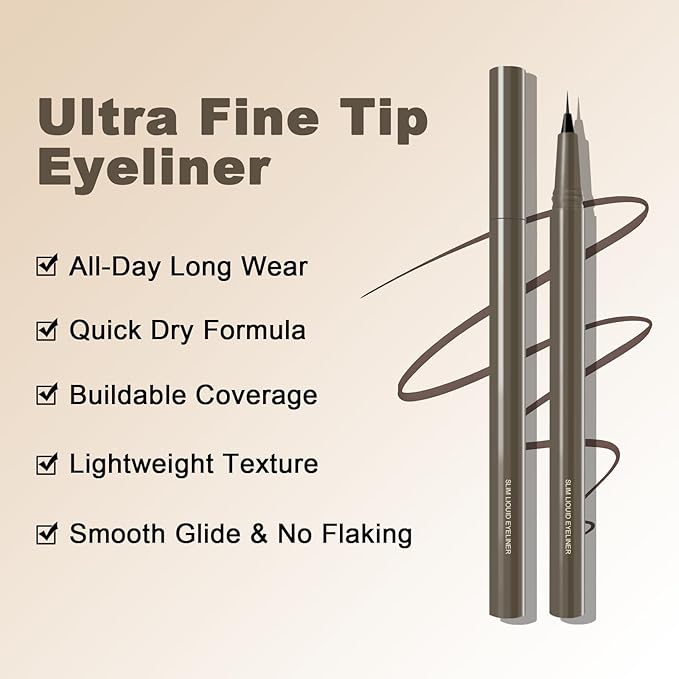 Ultra Fine Liquid Eyeliner Pen, Slim Precision Tip for Winged & Inner Corner Lines, Waterproof Smudge-Proof Quick-Drying, Long-Lasting All-Day Smooth Lightweight Light Dark Brown Eyeliner（2pcs）
