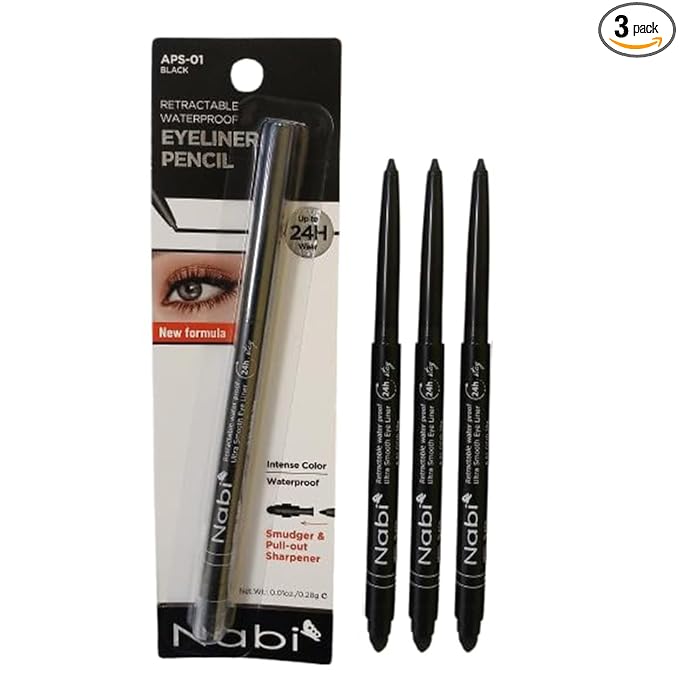 Nabi 3 Pieces Gel Glide Eyeliner Water Proof, Ultra Smooth Up To 24 Hour Wear, Smudge Proof Built In Sharpener & Smudger,Packaging May Vary (VALUE PACK-Black)
