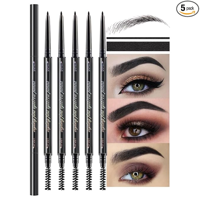WanTuoluo Black Ultra-Fine Tip Eyebrow Pencils Pack for Women, 5Pcs Mechanical Precise Brow Pencil with Brush,Draws Tiny Brow Hairs, Defines, Fills Brows, Shapes, Contours, Combs, Waterproof (SET01)