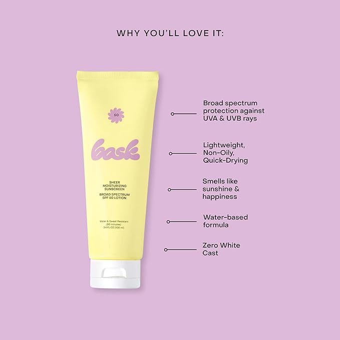 Bask SPF 50 Sheer Moisturizing Sunscreen Lotion - Broad Spectrum UVA/UVB Protection, Dermatologist Recommended, Hydrating, Lightweight & Non-Greasy, Travel Size (Value Pack of 3)