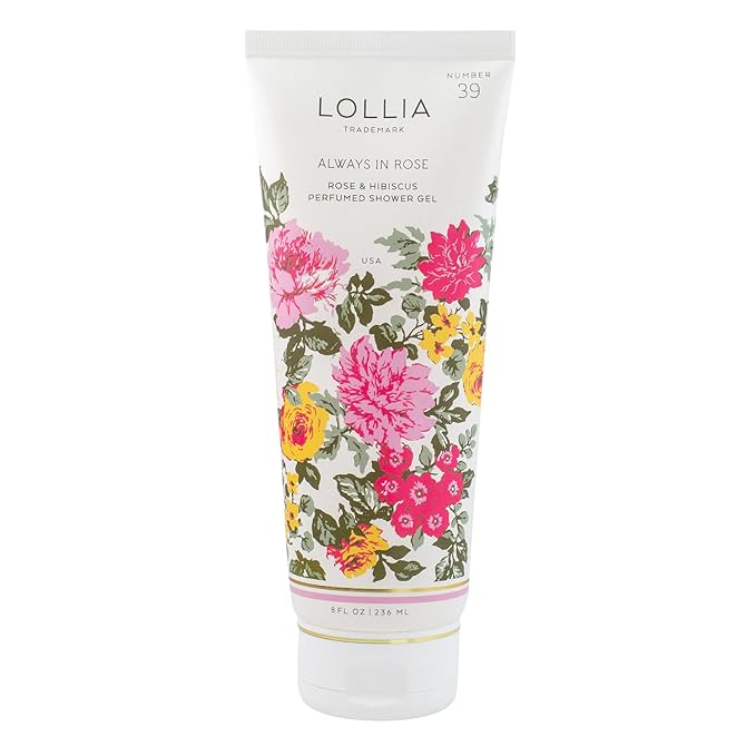 LOLLIA Always In Rose Shower Gel, 8 fl. oz., Luxury Moisturizing Body Wash for Women, Lightly Rose & Hibiscus Scented Liquid Soap